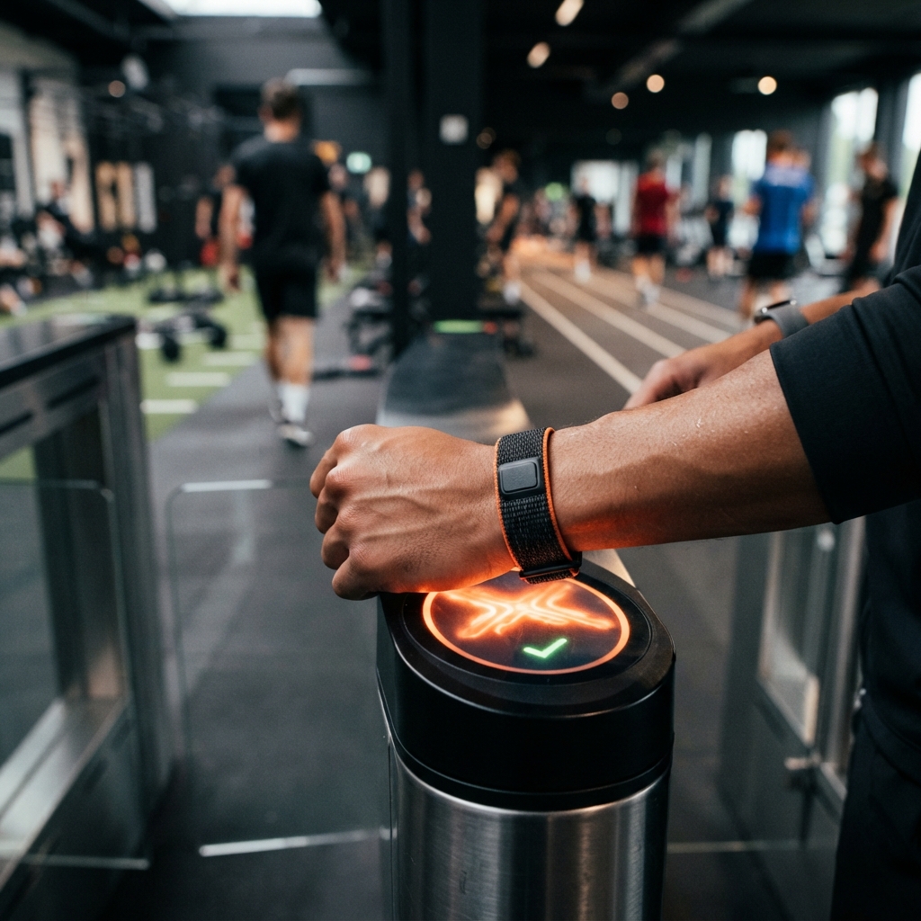 Athlete tapping a smart wristband to check in at a sports club turnstile