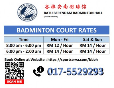 Batu Berendam Badminton Hall: SPORTSERVA Online Booking!